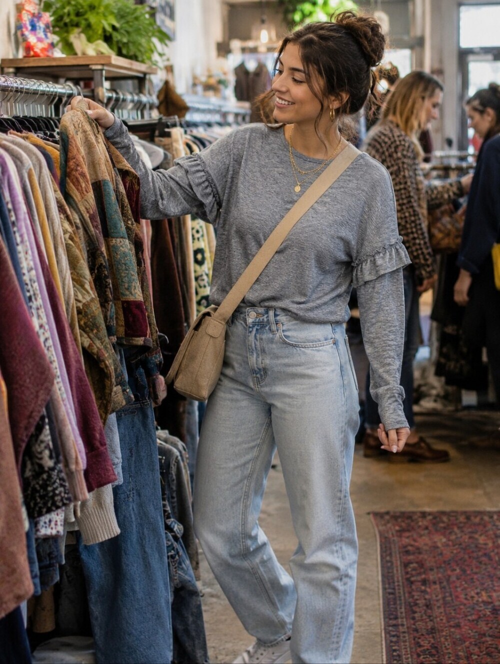 For the Republic Denim Gray Ruffle Sleeve Knit Top Size Small